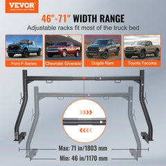 Extendable steel truck ladder rack with 46-71 inch width range for pickups.