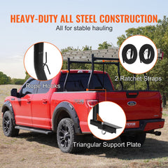 Red Ford pickup truck with extendable steel ladder rack featuring rope hooks and triangular supports.