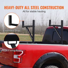 A red pickup truck is fitted with a black adjustable ladder rack, highlighting its extended stop and rope fixing point.