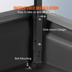 A close-up shows the side-mount design and bolt mounting of a black truck ladder rack.