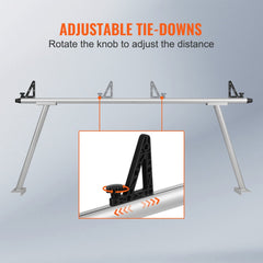 Aluminum truck ladder rack with adjustable tie-downs on crossbars and C-clamps.