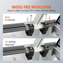 Aluminum truck ladder rack with C-clamps for no-drill installation on bed rails.