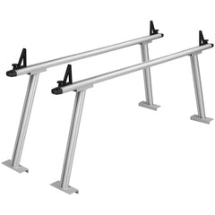 Silver aluminum truck ladder rack with angled legs, crossbars, and C-clamp mounts.