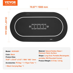 Black 70x35 inch poker table top mat with natural rubber base and premium fabric surface for 6-8 players.