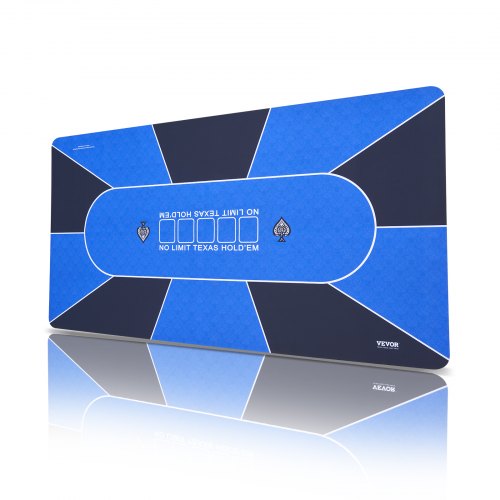 Blue foldable poker table mat measuring 70x35 inches for 6-8 players with a non-slip base.