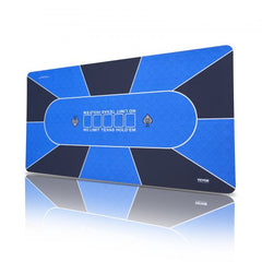 Blue foldable poker table mat measuring 70x35 inches for 6-8 players with a non-slip base.