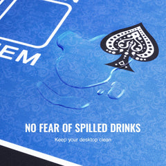 Blue poker table mat measuring 70x35 inches, foldable for 6-8 players with a non-slip base.