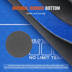 Blue foldable poker table mat measuring 70x35 inches for 6-8 players with a non-slip base.