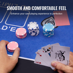 Blue poker table mat measuring 70x35 inches, foldable for 6-8 players, with a non-slip base.