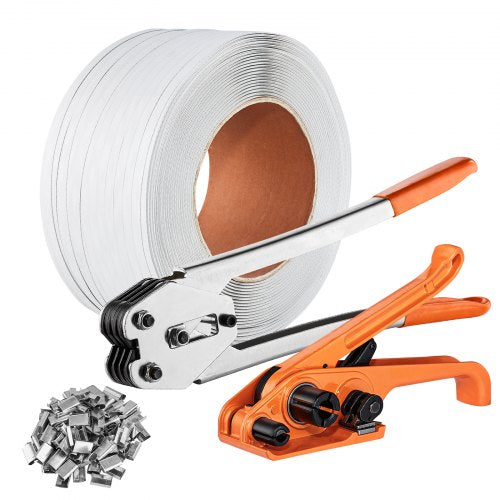 Bostome PP banding strapping kit with 328ft white strap roll, orange tensioner, white sealer, and 100 metal seals.