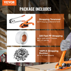 PP banding kit with orange tensioner sealer, 328ft strap roll, and 100 metal seals.