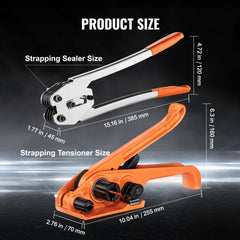 Diagram showing dimensions of orange-handled strapping tensioner and sealer tools for PP banding kit.
