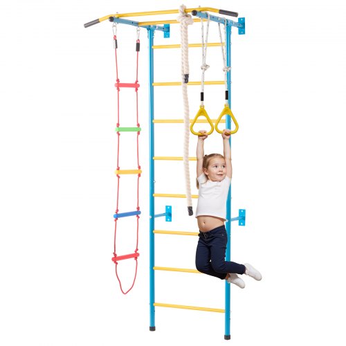 Bostome 5-in-1 Kids Indoor Wall Gym with pull-up bar, gym rings, and climbing grips for exercise.