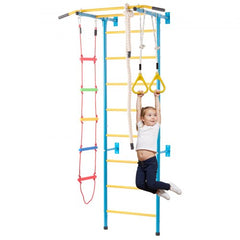 Bostome 5-in-1 Kids Indoor Wall Gym with pull-up bar, gym rings, and climbing grips for exercise.