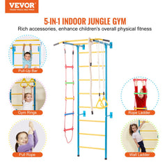 Bostome 5-in-1 Kids Indoor Wall Gym with pull-up bar, gym rings, and climbing grips in a colorful design.