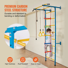 Bostome 5-in-1 Kids Indoor Wall Gym features a steel frame with climbing grips and gym rings.