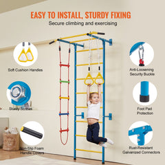 Bostome 5-in-1 Kids Indoor Wall Gym with climbing grips, pull-up bar, and gym rings.