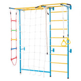 Steel climbing playset with pull-up bar, gym rings, and rope ladder for indoor exercise.