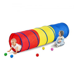 Multicolor pop-up crawl tunnel tent with toddlers playing inside and colorful balls nearby.
