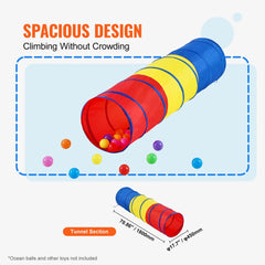 Multicolor pop-up crawl tunnel tent for toddlers with colorful stripes and play balls.