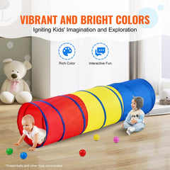 Multicolor pop-up crawl tunnel tent with toddlers playing inside.