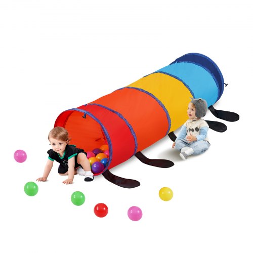 Colorful caterpillar-shaped play tunnel tent for toddlers, made of soft polyester fabric.