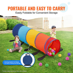 Colorful caterpillar-shaped play tunnel tent for toddlers, made of soft polyester fabric.