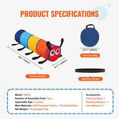 Colorful caterpillar-shaped play tunnel tent for toddlers, made of soft polyester fabric.