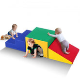Colorful 3-piece foam toddler playset with blue stairs, yellow tunnel, and red ramp, shown with playing children.