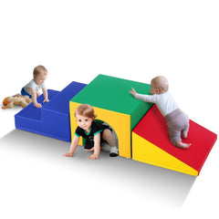 Three toddlers play on a colorful 3-piece foam climber playset with tunnel, stairs, and ramp.