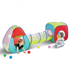 Colorful 3-in-1 kids play tent with a tunnel for indoor and outdoor imaginative play.