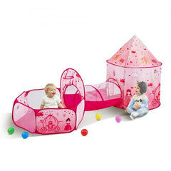 Magenta 3-in-1 kids play tent with tunnel, ball pit, and triangle tent for indoor or outdoor play.