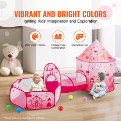 Magenta 3-in-1 kids play tent with tunnel, featuring a triangle tent and ball pit.