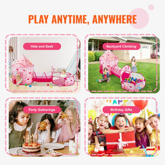 Magenta 3-in-1 kids play tent with tunnel, featuring a ball pit and durable polyester material.