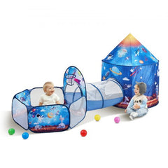 Rocket-themed 3-in-1 kids play tent with tunnel, made of soft fabric and sturdy steel wire.