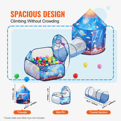 Rocket-themed 3-in-1 kids play tent with a tunnel for imaginative play and exploration.