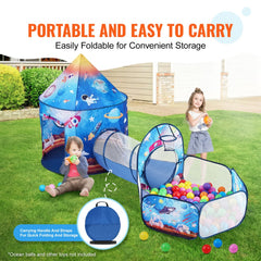 Bostome 3-in-1 kids play tent tunnel in a colorful rocket theme with a connecting tunnel.