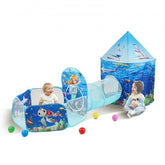 Blue ocean 3-in-1 kids play tent with tunnel, ball pit, and basketball hoop.