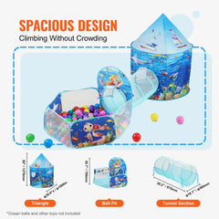 Blue ocean-themed 3-in-1 kids play tent with triangle hideout, ball pit, tunnel, and basketball hoop.