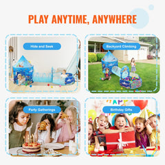 Blue ocean 3-in-1 kids play tent with tunnel, ball pit, and basketball hoop.