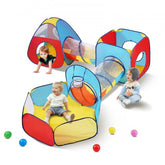 Colorful 5-in-1 kids play tent with tunnel, basketball hoop, and toddlers playing inside.
