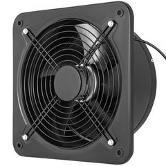 A 12-inch black metal exhaust fan with protective grille and power cord for industrial ventilation.