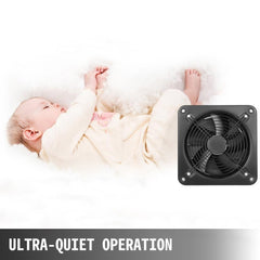 A 12-inch metal exhaust fan with five blades, guarded grille, and ultra-quiet operation label, shown beside a sleeping baby.