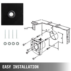 Diagram of 12-inch metal exhaust fan installation on wall with screws and grille.