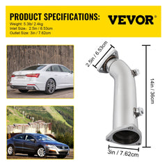 Stainless steel high flow downpipe with 2.5-inch inlet and 3-inch outlet for Audi A4 B5 B6 1.8T, shown on car and with dimensions.
