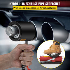 Hydraulic exhaust pipe expander kit with 10-ton pump and collets for 1-5/8" to 4-1/4" pipes.