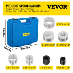 Blue hydraulic exhaust pipe expander kit in case with white and black collets sized 1-5/8" to 4-1/4".