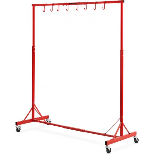 Red adjustable metal painting rack with 8 hooks and caster wheels for auto body parts.