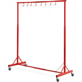 Red adjustable metal painting rack with 8 hooks and caster wheels for auto body parts.