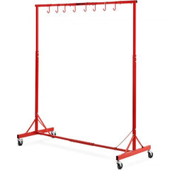 Red adjustable metal painting rack with 8 hooks and caster wheels for auto body parts.